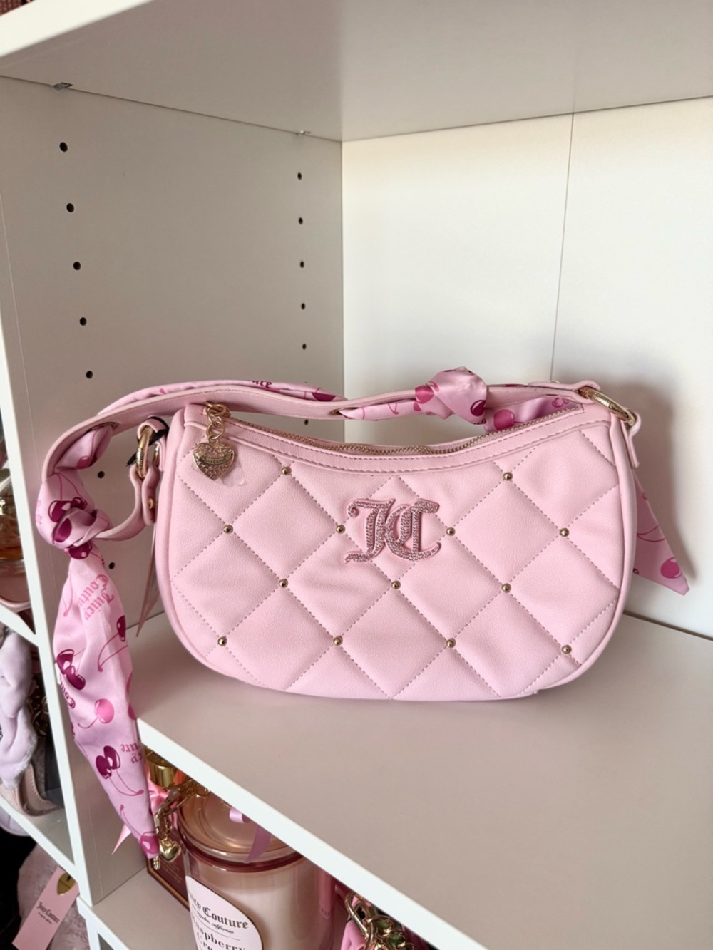 Juicy Couture “Holding The Line” Quilted Pink Shoulder Bag with Scarf Detail